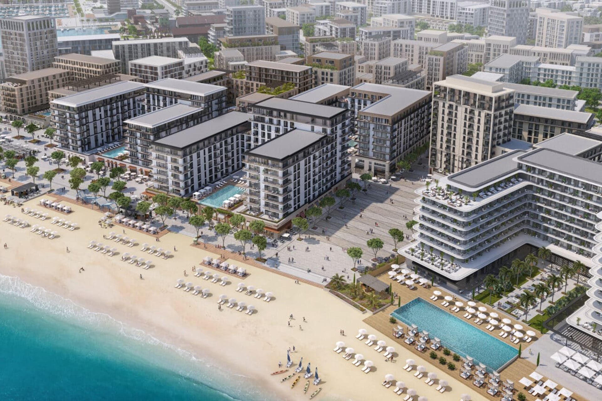 Visualisation of Durrës Yachts & Marina: beachfront hotels, residences and pools beside the Adriatic